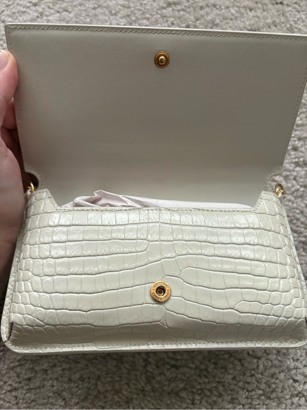 Saint Laurent Cassandre Cream Croc-Embossed Leather Chain Wallet Gold Hardware - Picture 3 of 10